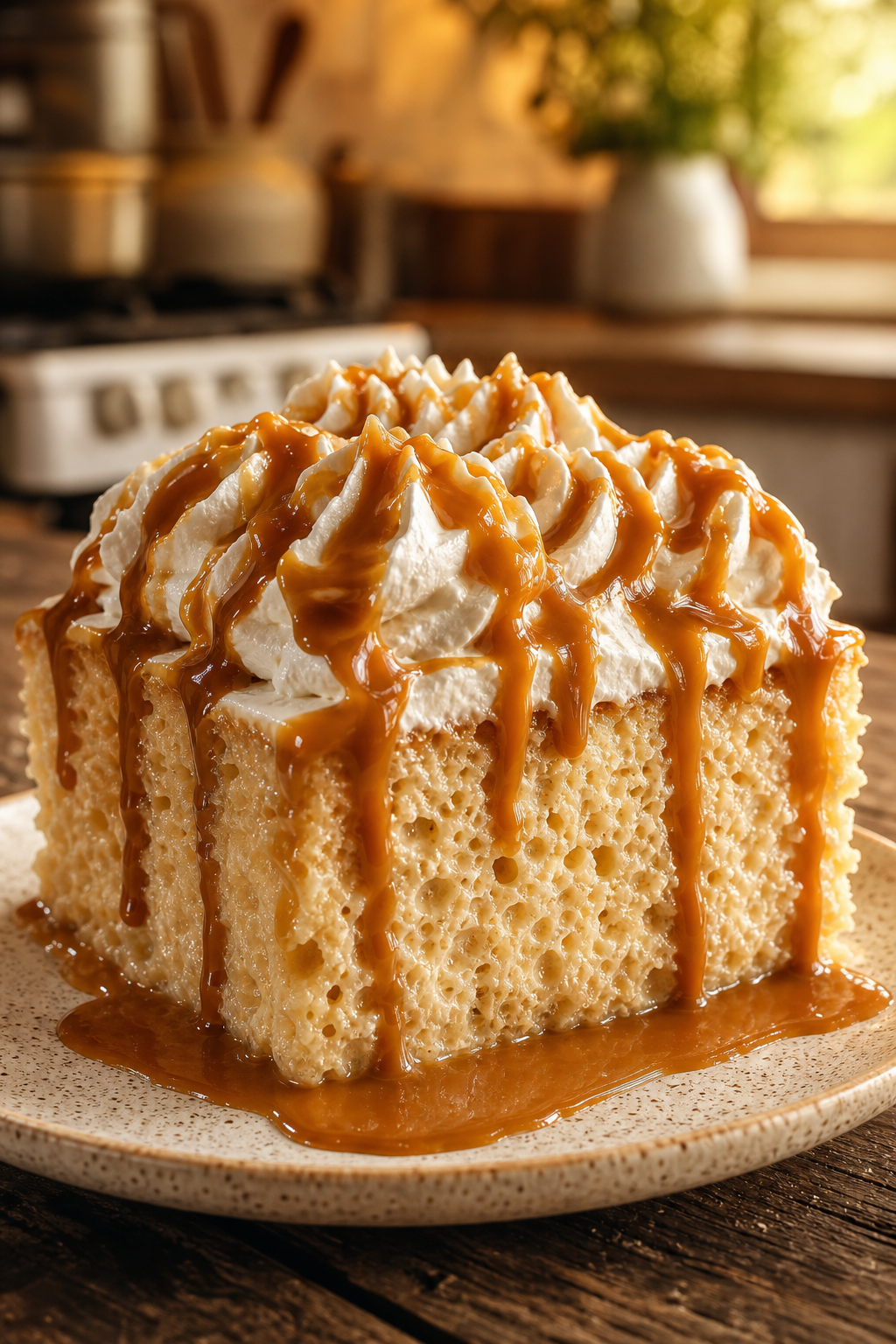 A slice of dulce de leche tres leches cake with caramel drizzle