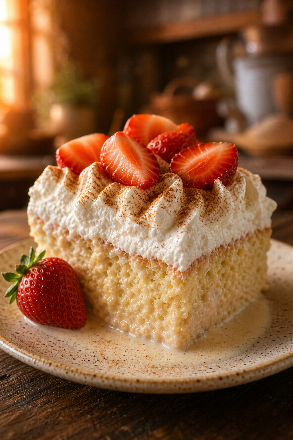 A slice of original tres leches cake topped with whipped cream and fresh strawberries