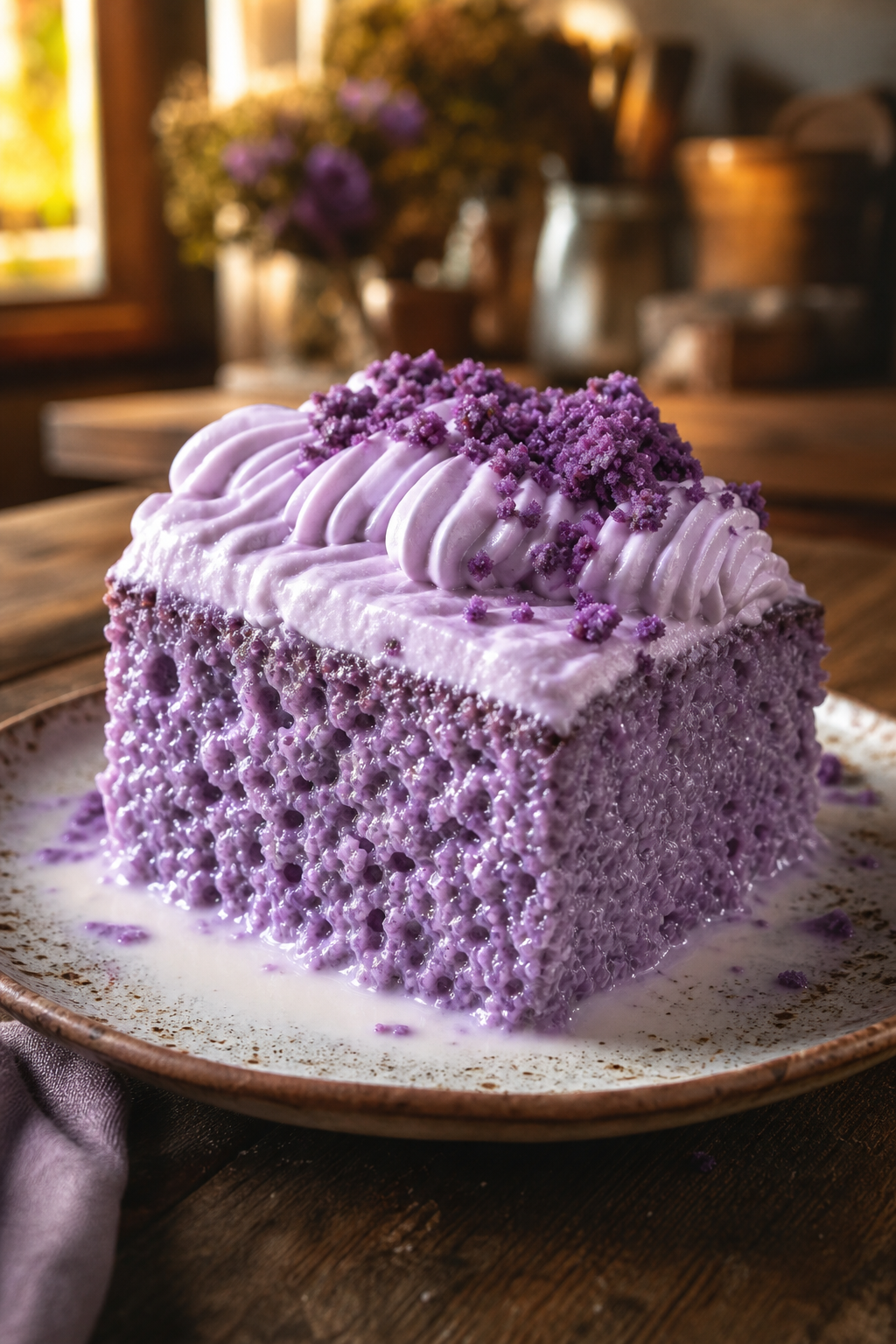 A slice of purple ube tres leches cake with lavender whipped cream