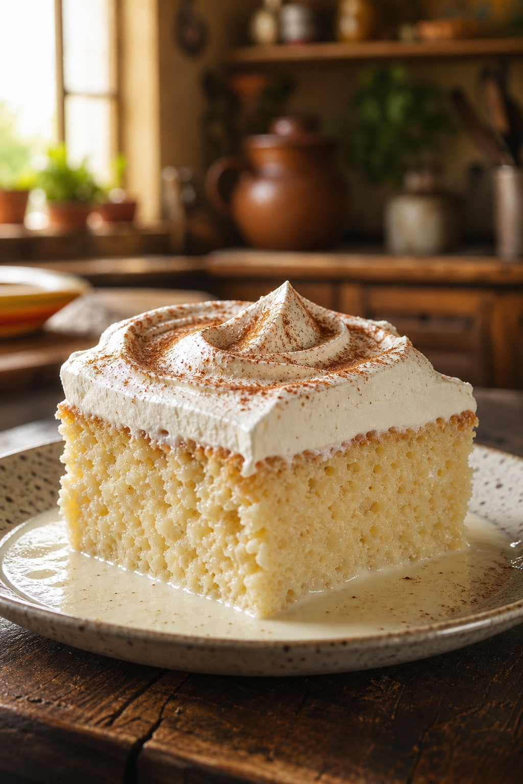 A slice of vanilla tres leches cake dusted with cinnamon