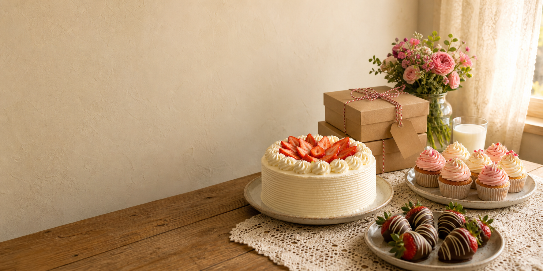 A warm bakery table with a strawberry tres leches cake, swirl-frosted cupcakes, chocolate-covered strawberries and kraft boxes tied with baker's twine