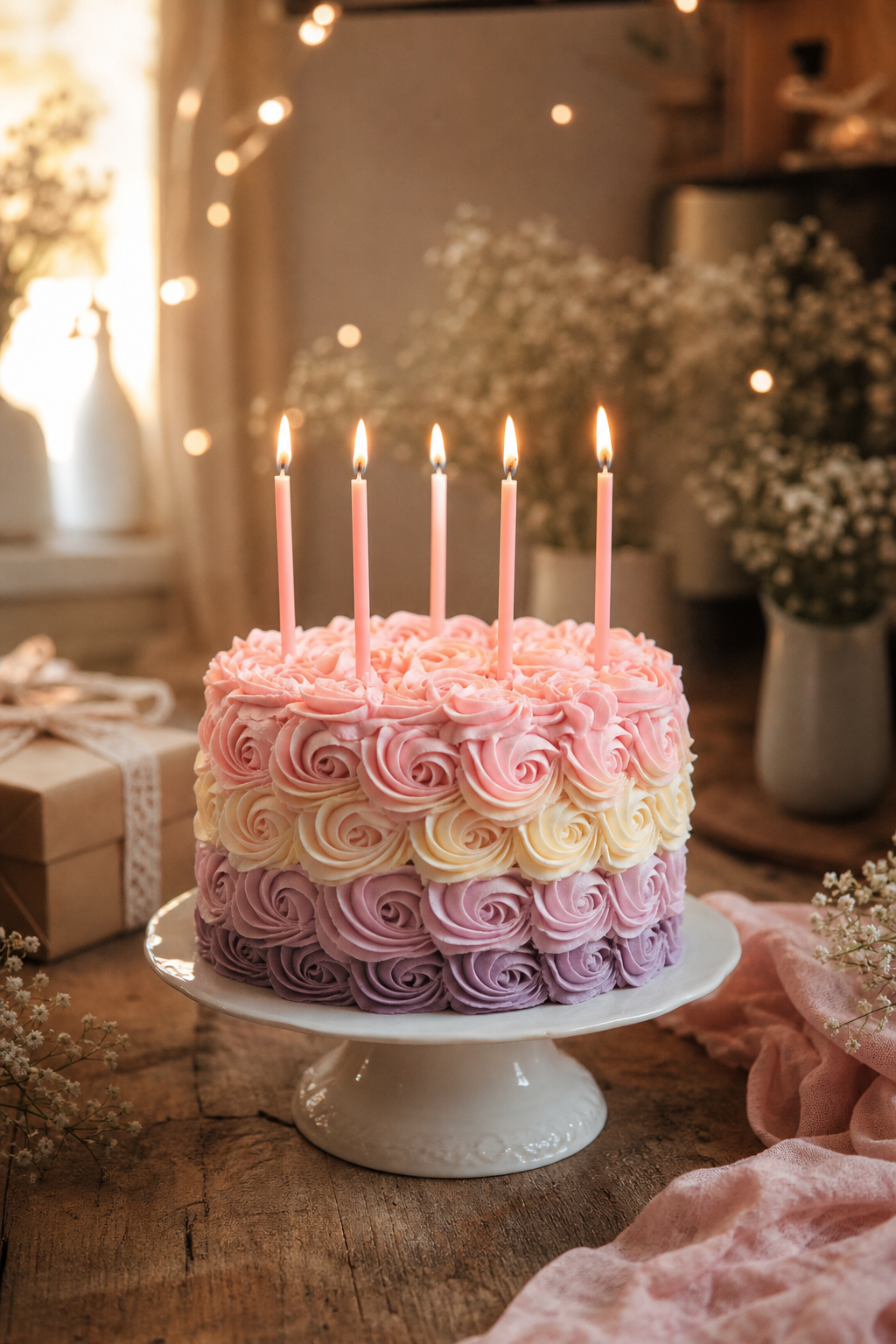 A pastel rosette birthday cake with lit candles