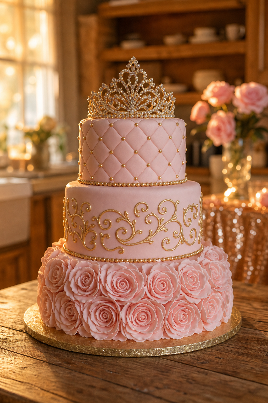 A pink and gold three-tier quinceañera cake with a tiara