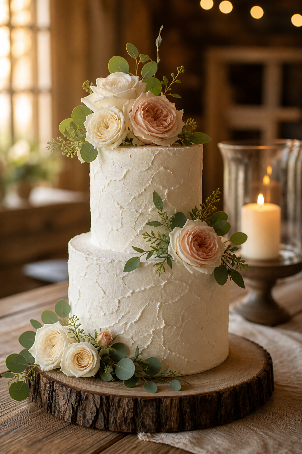 A two-tier white buttercream wedding cake with fresh roses