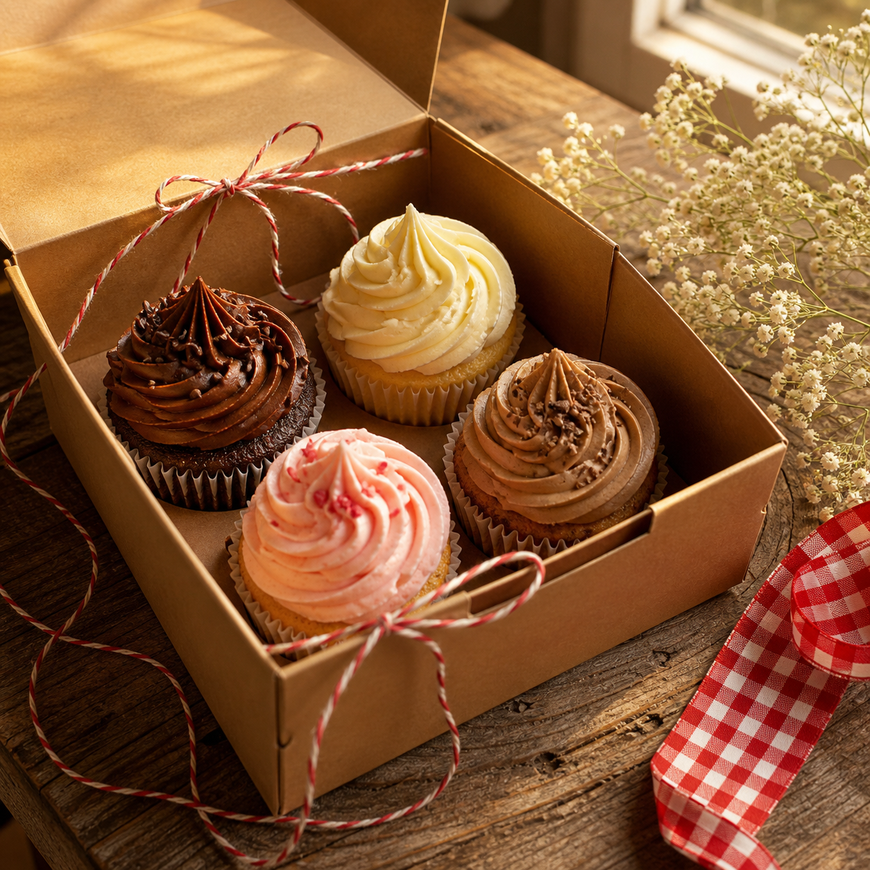 A kraft box of four assorted swirl-frosted cupcakes tied with baker's twine
