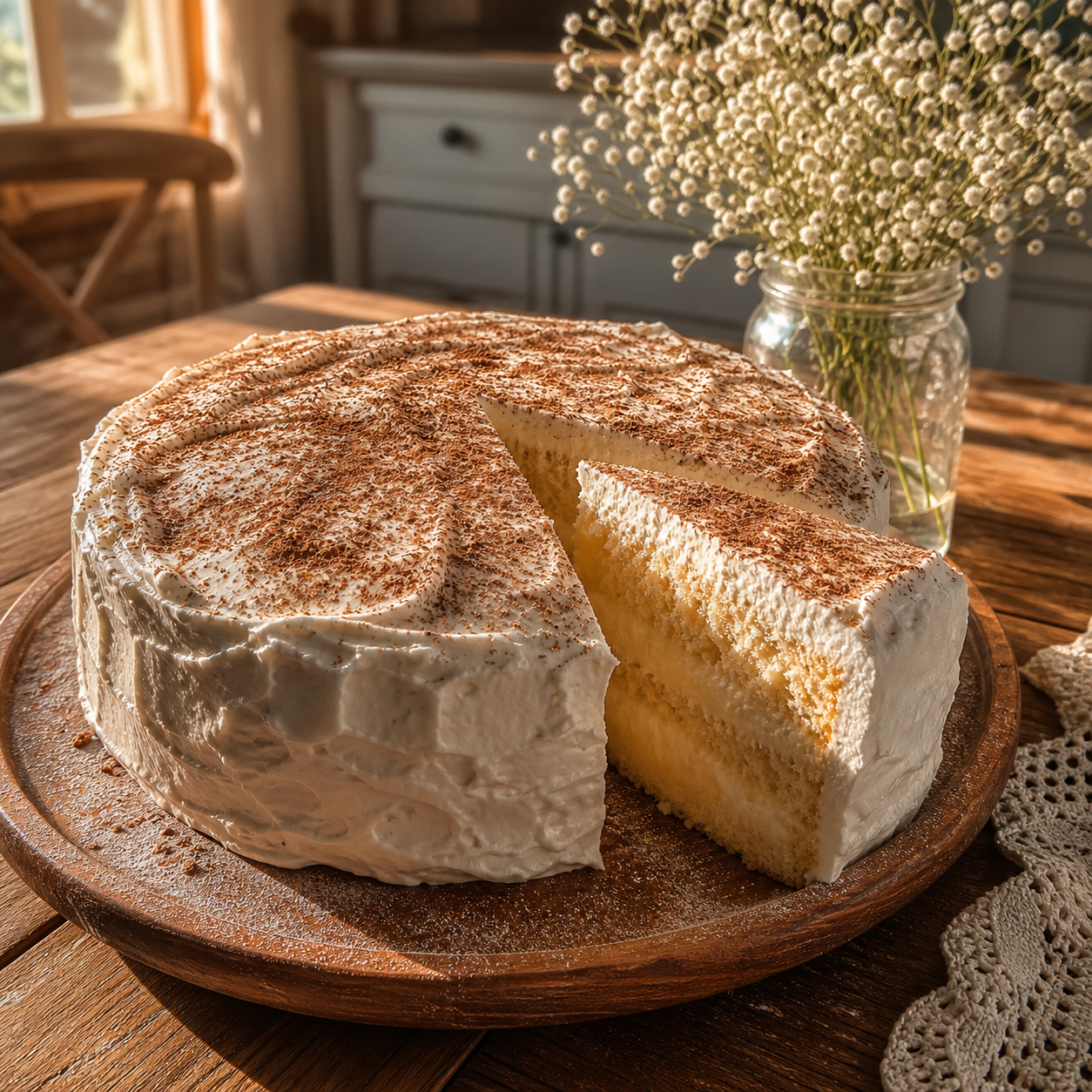 A whole tres leches cake with one slice cut, on a wooden cake plate